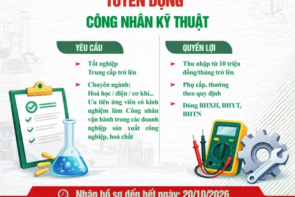 THÔNG BÁO TUYỂN DỤNG CÔNG NHÂN KỸ THUẬT